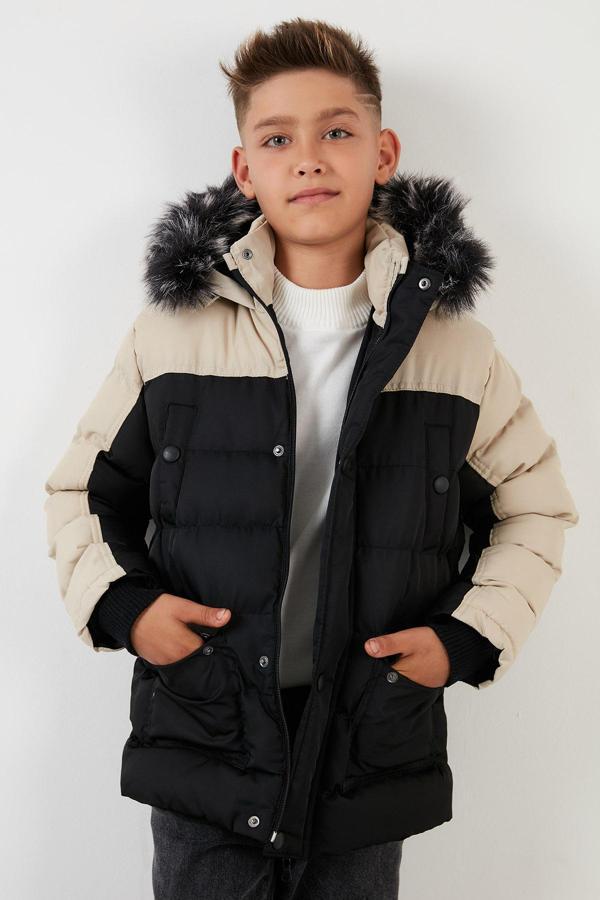 Lela İçi Peluş Astarlı Çıkarılabilir Suni Tüylü Kapüşonlu Şişme Erkek Çocuk Mont 5760054 Taş-Siyah - Image 1