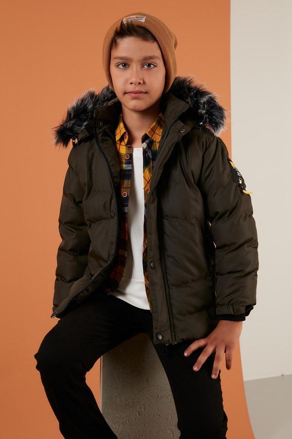 Lela Fermuarlı Suni Kürklü Peluş Astarlı Çıkarılabilir Kapüşonlu Erkek Çocuk Mont 5760026 HAKİ - Image 1