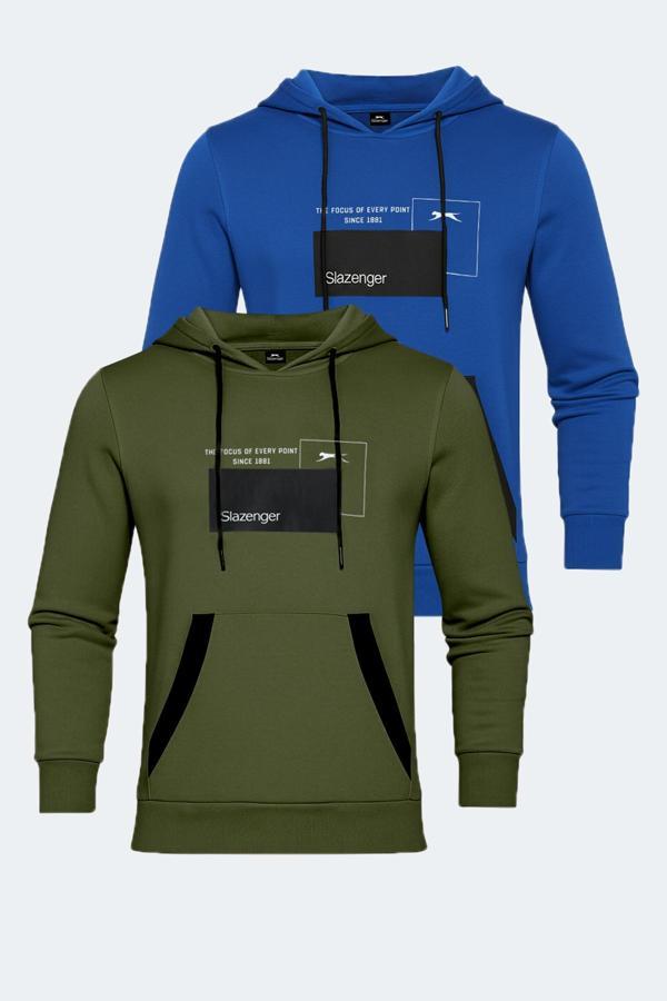 Slazenger VANDA 2 li set Erkek Kanguru Cepli Kapüşonlu Haki - Mavi Sweatshırt - Image 1