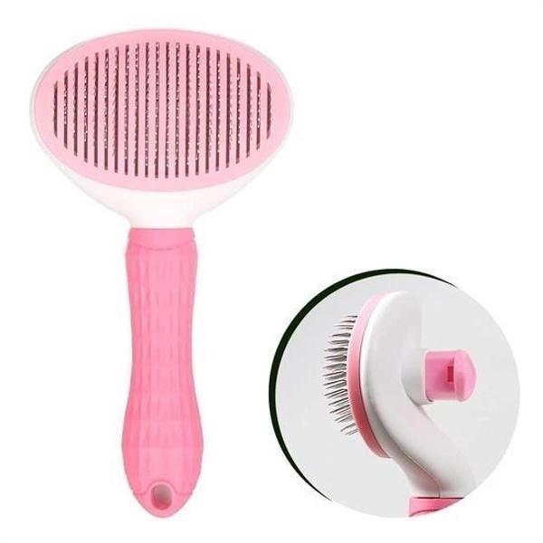 OLLEVRA Kedi Köpek Tüy Toplayıcı Kendini Temizleyebilen Ergonomik Saplı Evcil Hayvan Tarağı Pembe - Image 1