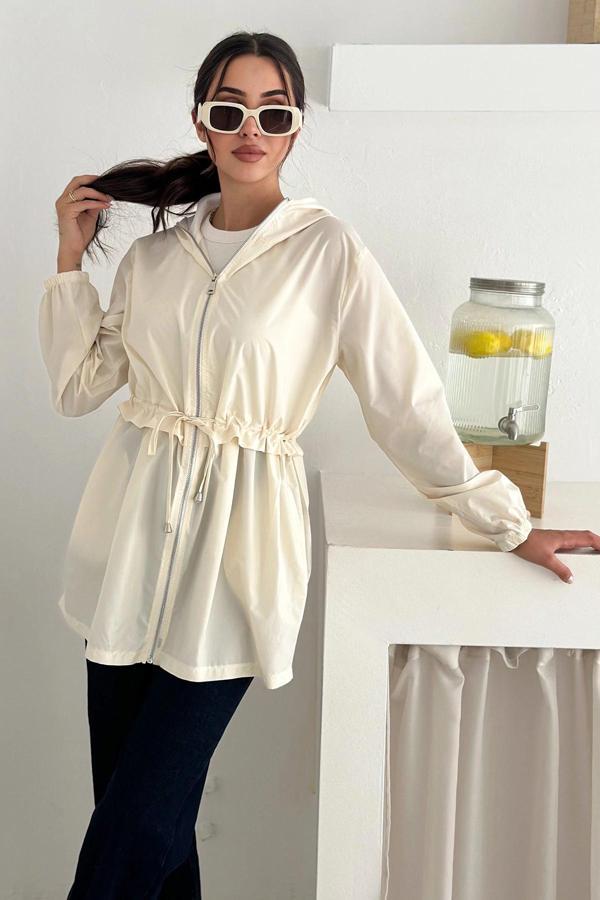 Kapşonlu Fermuarlı Bağcıklı Uzun Yağmurluk - Image 1