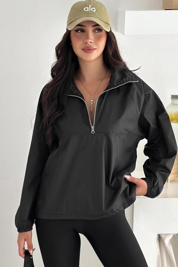 Yarım Fermuarlı Stoperli Siyah Yağmurluk - Image 1