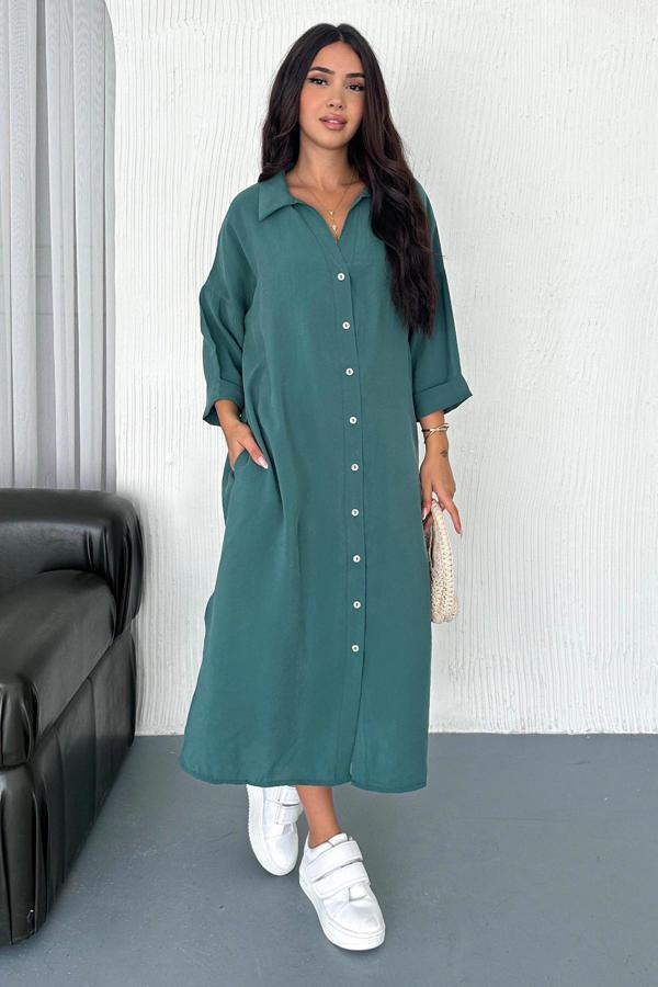Kadın Oversize Modal Gömlek Elbise – Cepli, Düğmeli, Yazlık Rahat Model Çağla - Image 1
