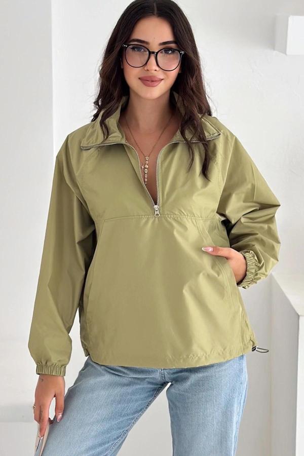 Yarım Fermuarlı Stoperli Fıstık Yeşili Yağmurluk - Image 1