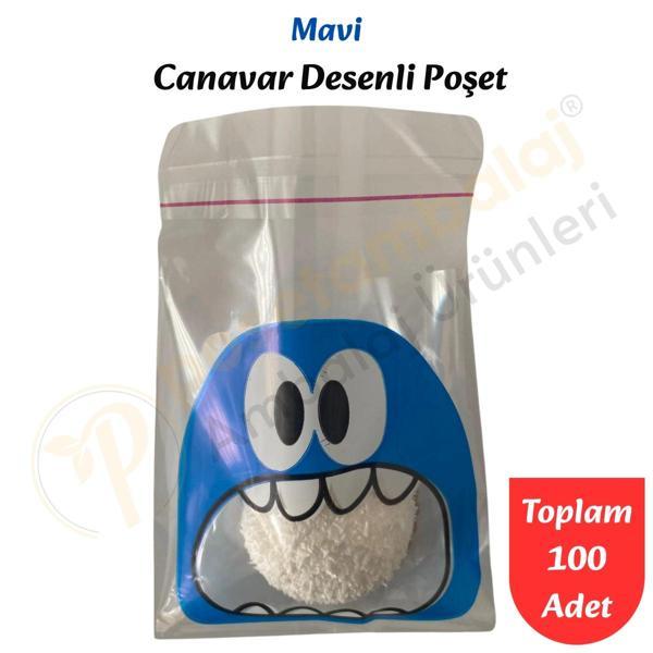 100 Adet Mavi Canavar Desenli Cake Pop & Kurabiye Poşeti-10x15 cm - Image 1