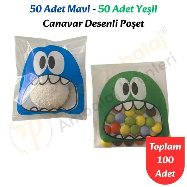 100 Adet Mavi-Yeşil Renkli Canavar Desenli Cake Pop & Kurabiye Poşeti-10x15 cm - Image 1