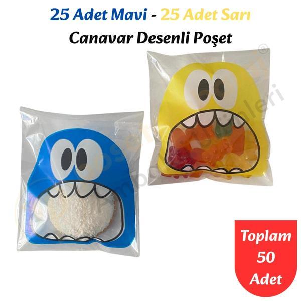 50 Adet Mavi-Sarı Renkli Canavar Desenli Cake Pop & Kurabiye Poşeti-10x15 cm - Image 1