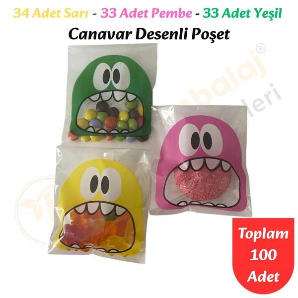 100 Adet Sarı-Pembe-Yeşil Renkli Canavar Desenli Cake Pop & Kurabiye Poşeti-10x15 cm - Image 1