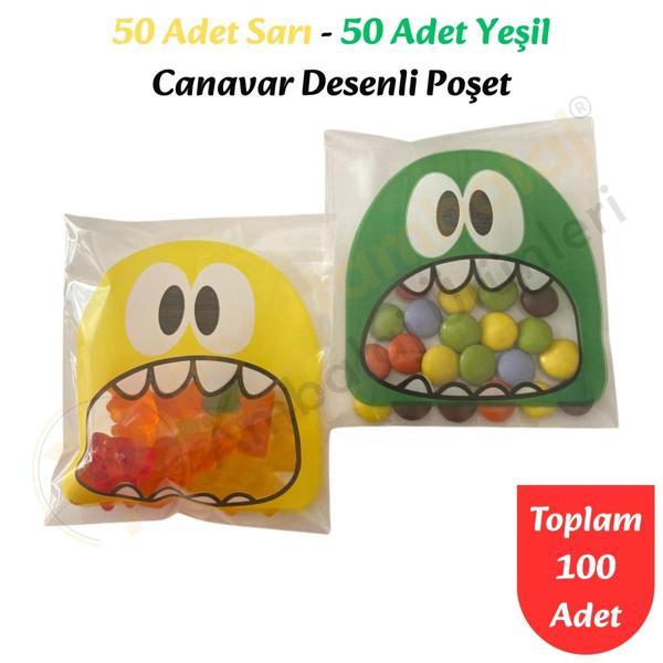 100 Adet Sarı-Yeşil Renkli Canavar Desenli Cake Pop & Kurabiye Poşeti-10x15 cm - Image 1