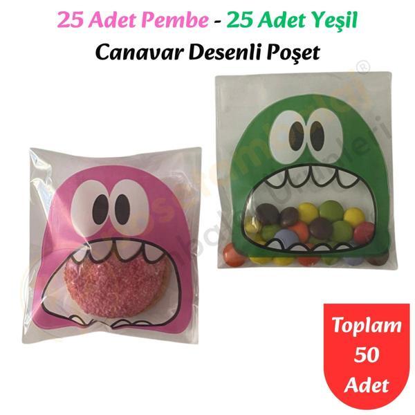 50 Adet Pembe-Yeşil Renkli Canavar Desenli Cake Pop & Kurabiye Poşeti-10x15 cm - Image 1