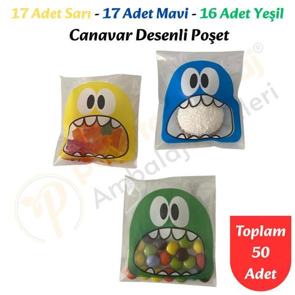 50 Adet Sarı-Mavi-Yeşil Renkli Canavar Desenli Cake Pop & Kurabiye Poşeti-10x15 cm - Image 1