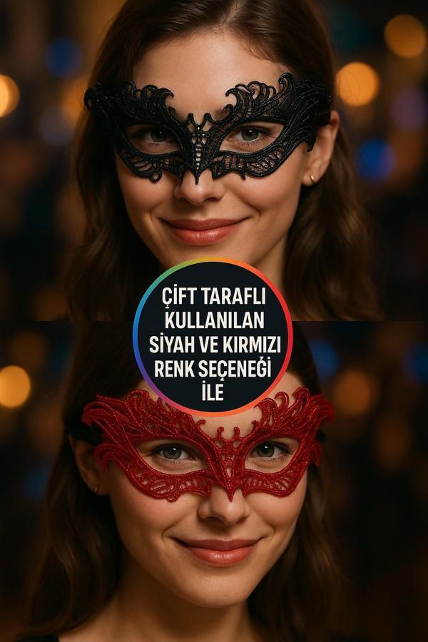 Çift Taraflı Siyah Kırmızı Dantelli Maske Özel Tasarım Parti Aksesuar Model - 8 - Image 1