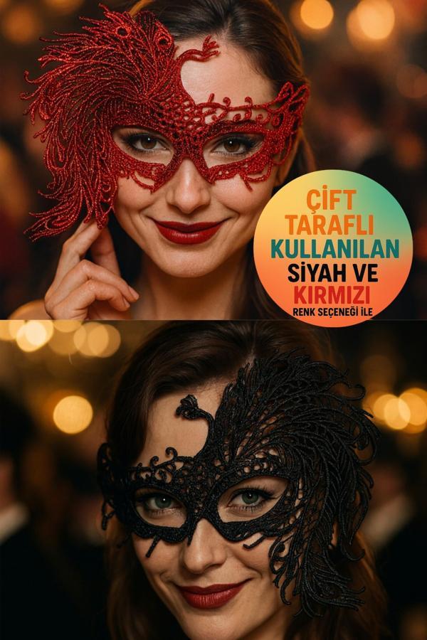 Çift Taraflı Kullanılan Siyah Ve Kırmızı Simli Maske Şık Parti Kostüm Aksesuarı Göz Maskesi Model -9 - Image 1
