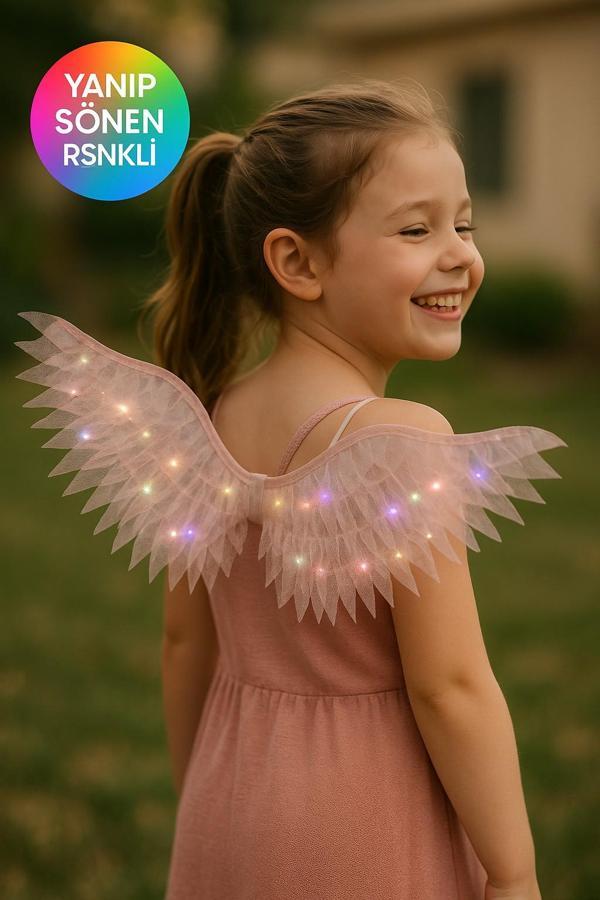 Rose Renk Işıklı Melek Kanadı Çocuk Kostüm Aksesuarı Şeffaf Parlak Işıltılı Kanat - (3 - 7 Yaş) - Image 1