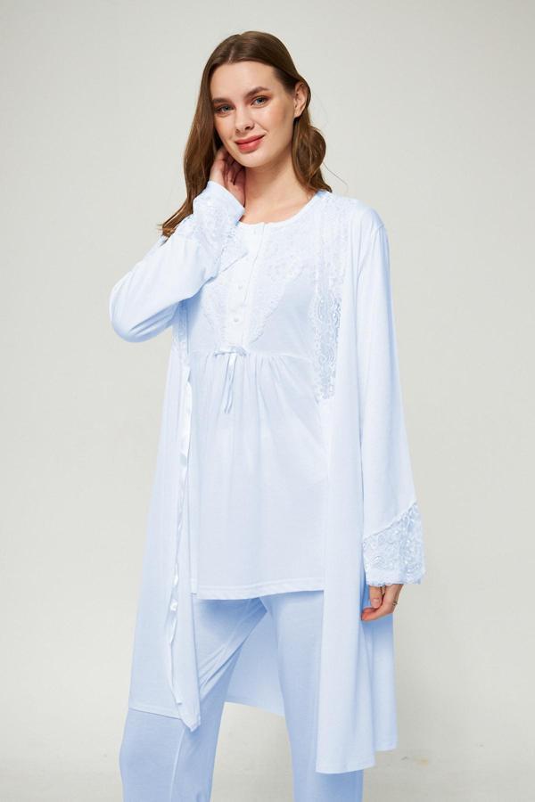 Mavi Kadın Uzun Kollu Hamile ve Lohusa Pijama Takımı 3'lü Set - L - Image 1