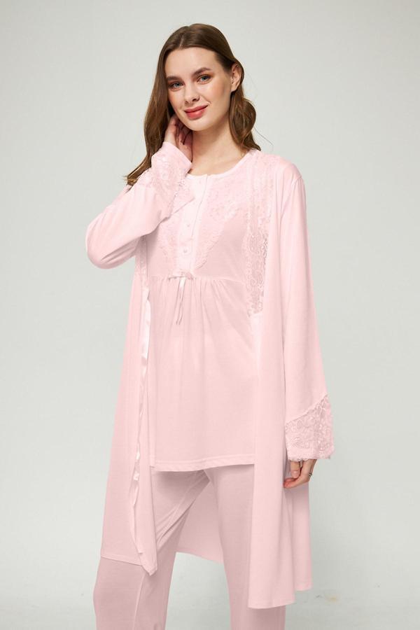 Pudra Kadın Uzun Kollu Hamile ve Lohusa Pijama Takımı 3'lü Set - L - Image 1
