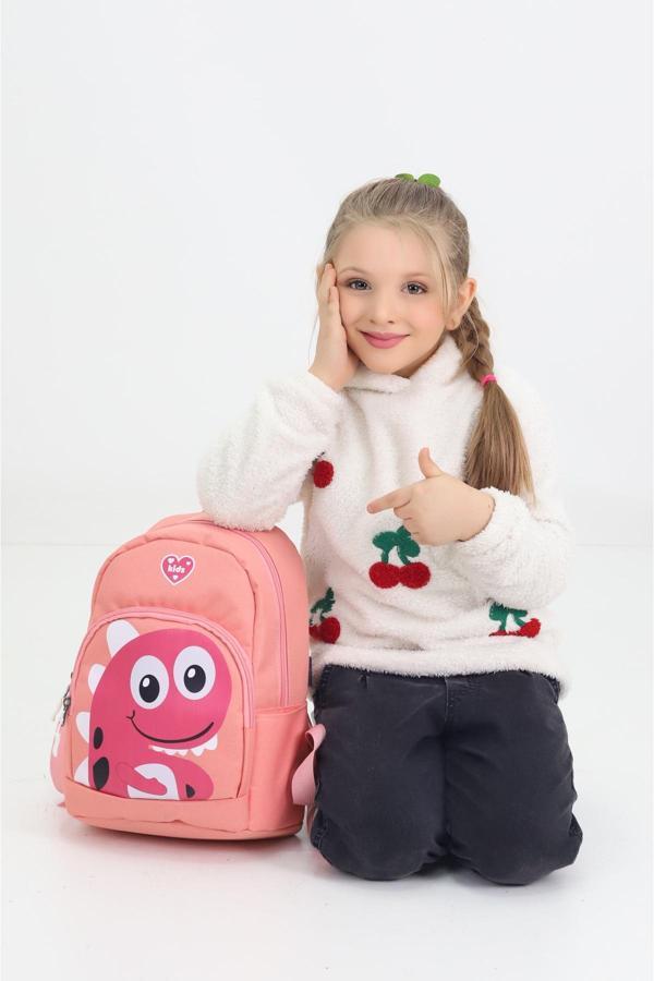 Sevimli Dinozor Figürlü Somon Anaokulu Kreş Çantası 4 Bölmeli Kız Çocuk Sırt Çantası - Image 1