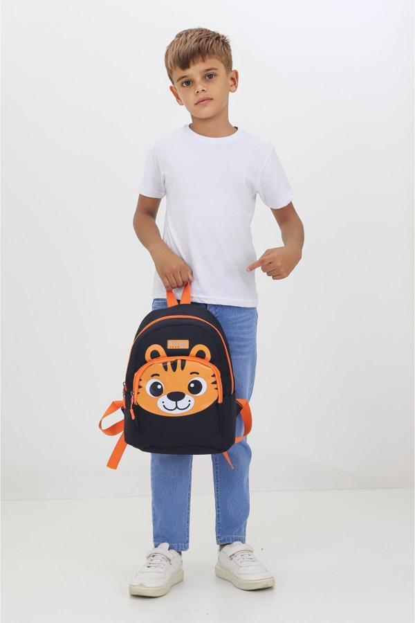 Kaplan Figürlü Siyah Anaokulu Kreş Çantası 4 Bölmeli Erkek Çocuk Sırt Çantası - Image 1