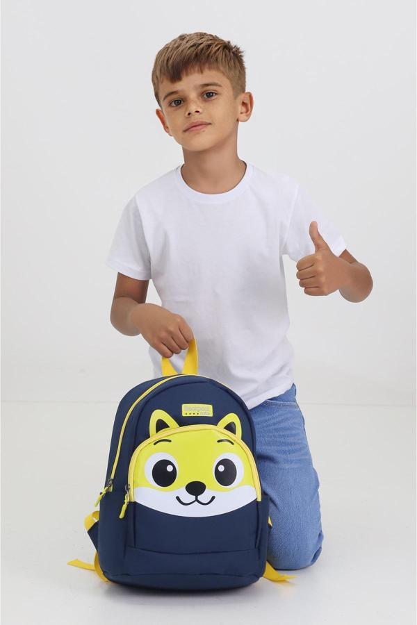 Tilki Figürlü Lacivert Anaokulu Kreş Çantası 4 Bölmeli Erkek Kız Çocuk Sırt Çantası - Image 1
