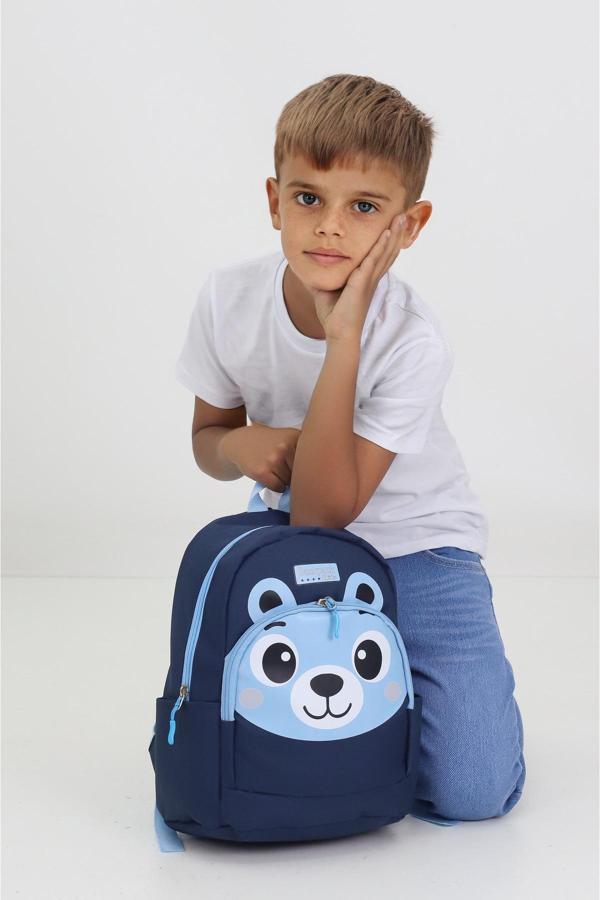 Ayı Figürlü Lacivert Anaokulu Kreş Çantası 4 Bölmeli Erkek Kız Çocuk Sırt Çantası - Image 1