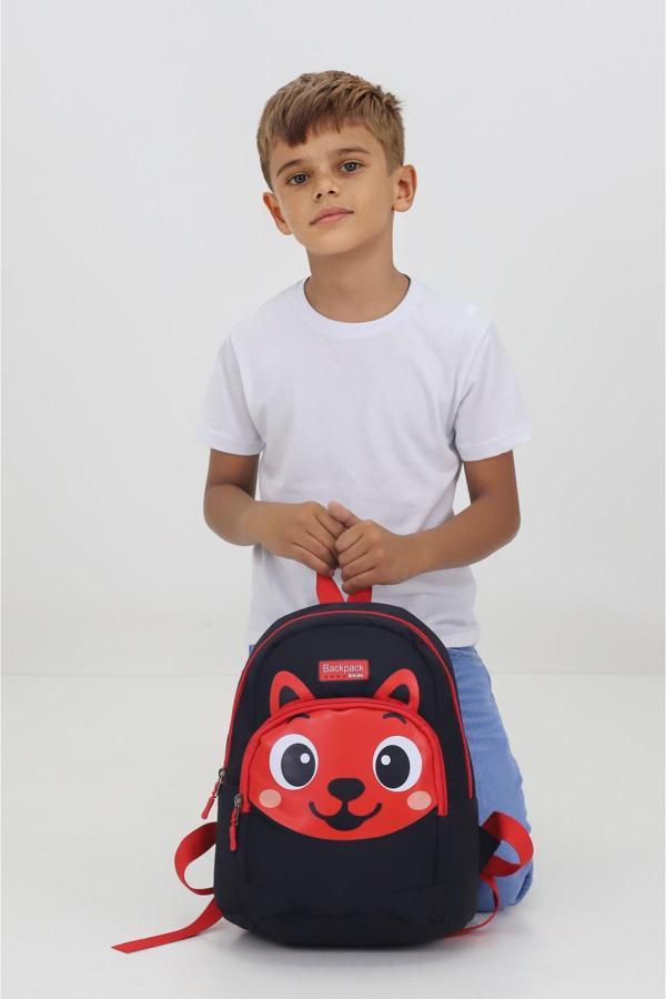 Tilki Figürlü Siyah Kırmızı Anaokulu Kreş Çantası 4 Bölmeli Erkek Çocuk Sırt Çantası - Image 1