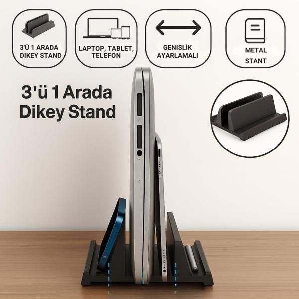 Coofbe 3 Bölmeli Metal Genişlik Ayarlamalı Masaüstü Dikey Macbook Laptop Notebook Standı Telefon Tablet Standı - Image 1