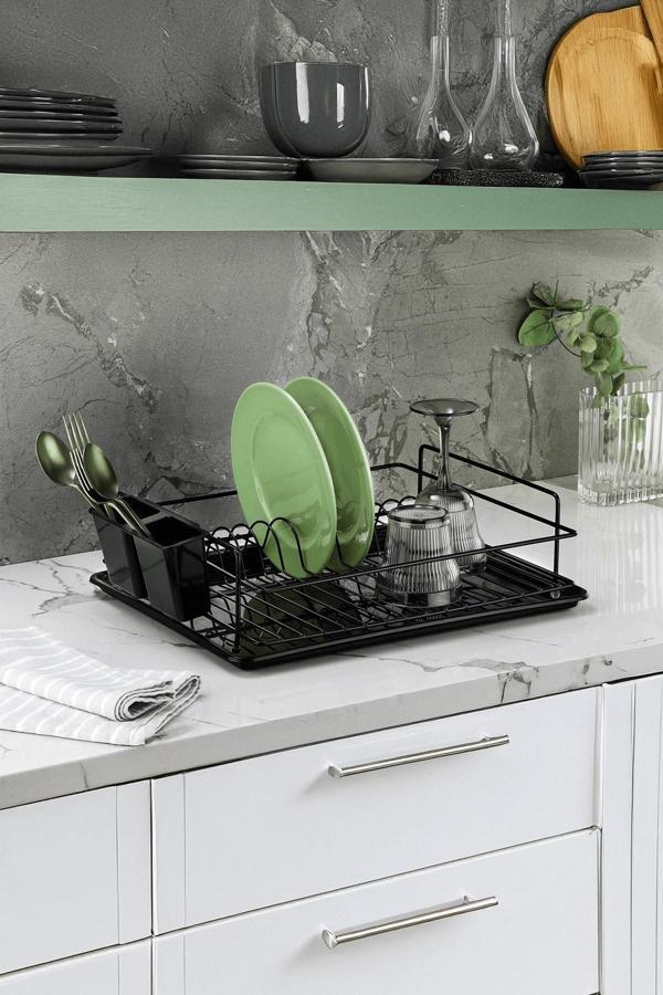 Tek Katlı Siyah Bulaşıklık – Dayanıklı Paslanmaz Termoplastik Kaplama Bulaşık Sepeti, Tepsili - Image 1