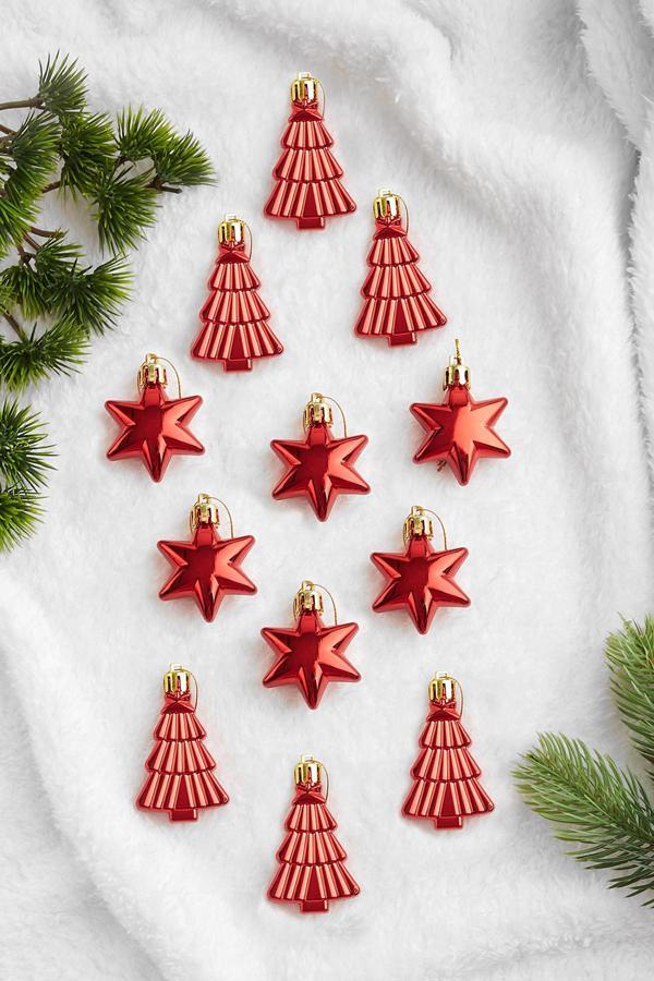 Waldern 12li Yıldız ve Ağaç Figürlü Yılbaşı Süsü Kırmızı - Image 1
