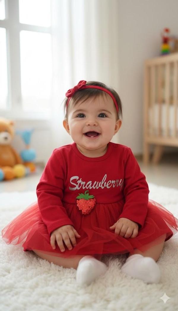 KIZ BEBEK YILBAŞI NOEL TEMALI ÇİLEK ELBİSE - Image 1