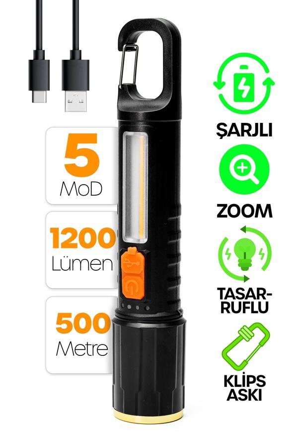 Şarjlı EL Feneri 5 MOD Karabina Askılı COB LED Kamp Lambası Acil Durum Işığı 7149 - Image 1