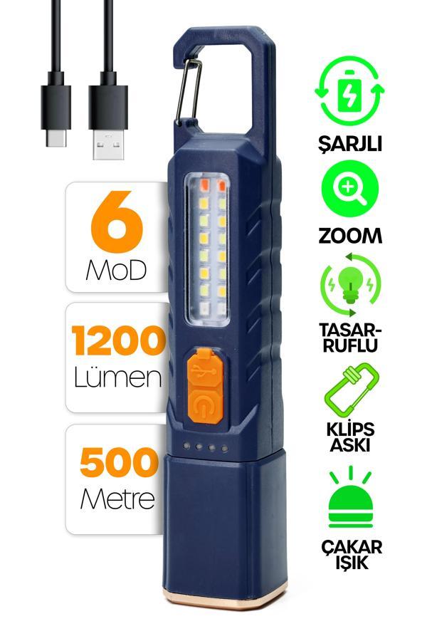 Şarjlı EL Feneri 6 MOD Karabina Askılı Çakarlı COB LED Kamp Lambası Acil Durum Işığı Mavi 7170 - Image 1
