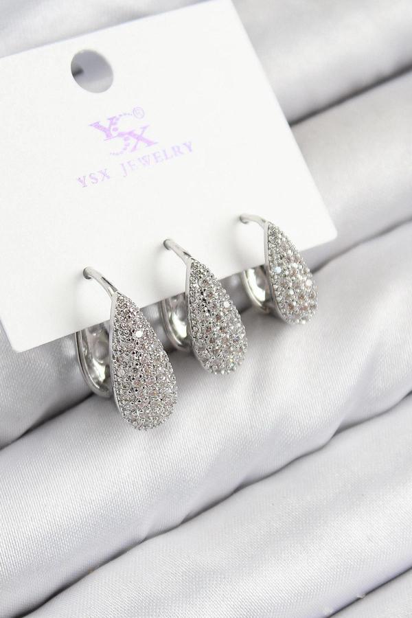 BFS Pirinç Zirkon Taşlı 3'lü Damla Model Gümüş Renk Kadın Küpe - Image 1