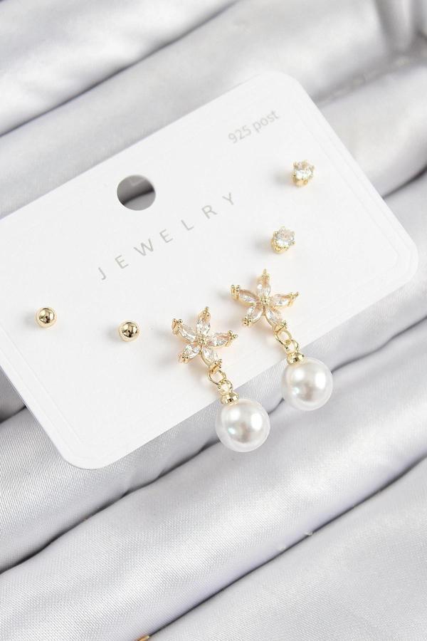 BFS Pirinç Zirkon Taşlı İnci Sallantılı Çiçek Model Gümüş Renk 925 Ayar Gümüş Çivi Kadın Küpe Set - Image 1