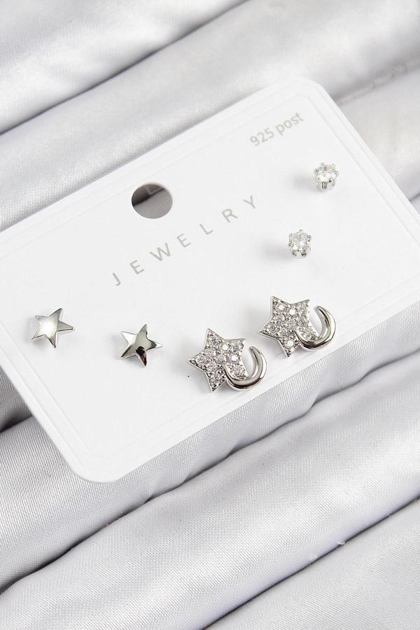 BFS Pirinç Zirkon Taşlı Yıldız Model Gümüş Renk 925 Ayar Gümüş Çivi Kadın Küpe Set - Image 1