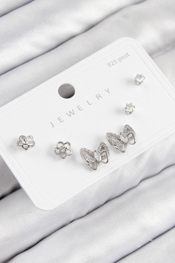BFS Pirinç Zirkon Taşlı Kelebek Model Gümüş Renk 925 Ayar Gümüş Çivi Kadın Küpe Set - Image 1