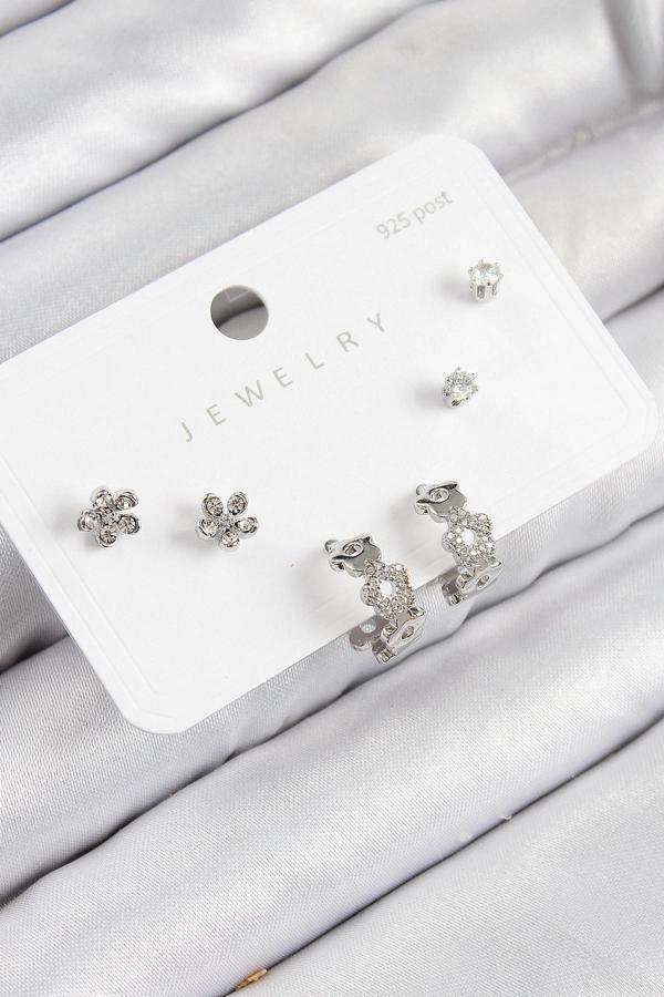 BFS Pirinç Zirkon Taşlı Halka Model Gümüş Renk 925 Ayar Gümüş Çivi Kadın Küpe Set - Image 1