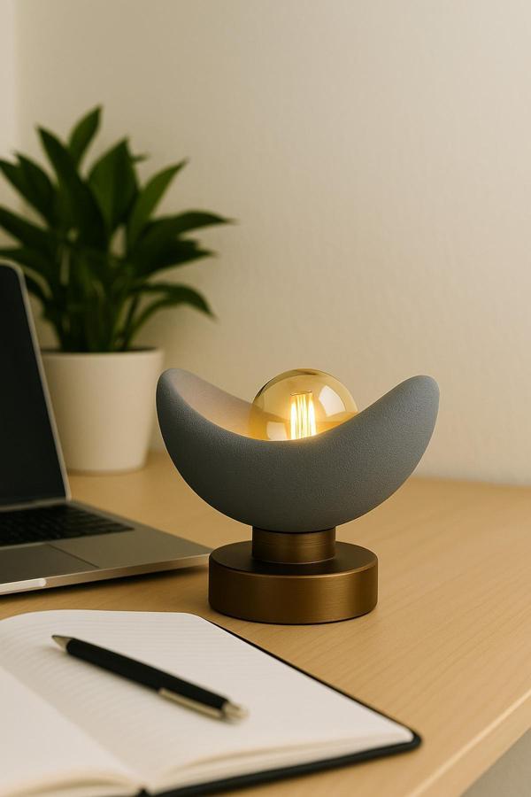 Pamuk'S Design Luna Tasarım Masa Lambası Gri Bronz Detaylı Abajur Loş Amber Işık, Rustik Ampul Hediyeli 20 X 37 Cm - Image 1