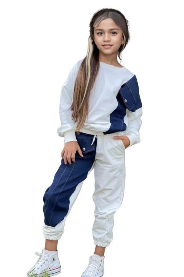 Kız Çocuk Kot Detaylı Cepli Aplike Beyaz Eşofman Takım - Image 1