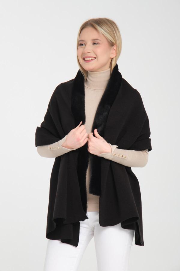 Wega Moda Kürklü Omuz Şalı, Kürk Detaylı Şık Rahat Omuz Şalı, Kürk Detaylı Triko Omuz Şalı, Kadın Omuz Şalı. - Image 1
