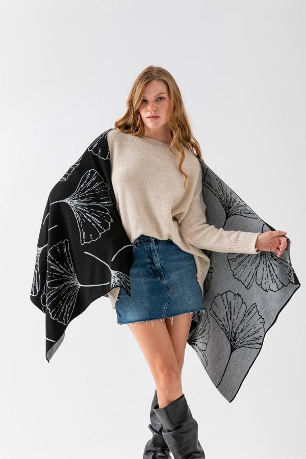 Wega Moda Yaprak Desenli Omuz Şalı, Çift Yönlü Kulanıma Uygun Şık Rahat Omuz Şalı, Triko Omuz Şalı, Omuz Şalı - Image 1