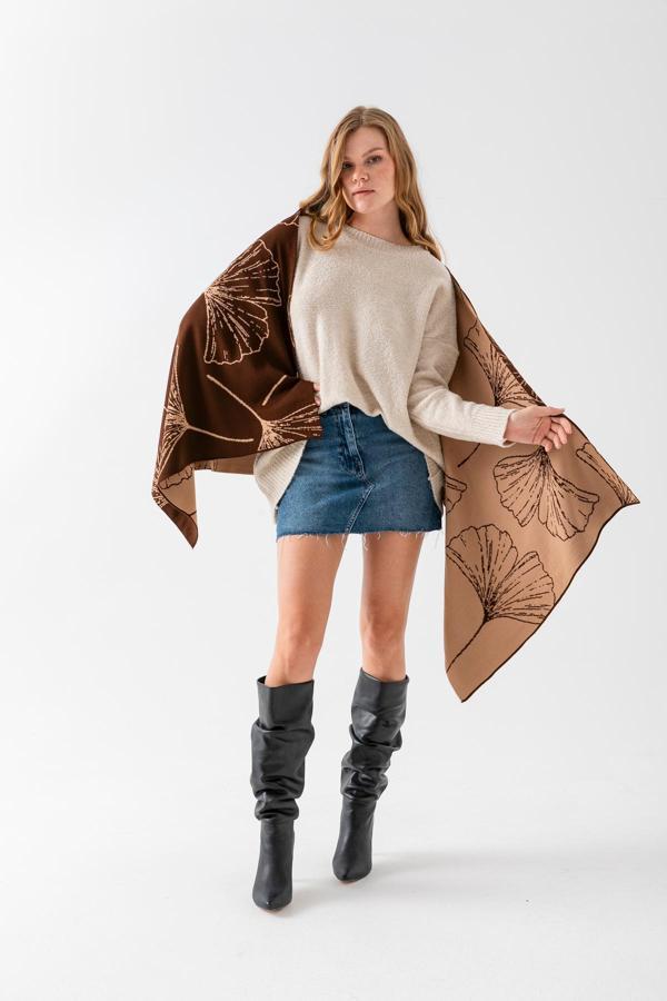 Wega Moda Yaprak Desenli Omuz Şalı, Çift Yönlü Kulanıma Uygun Şık Rahat Omuz Şalı, Triko Omuz Şalı, Omuz Şalı - Image 1