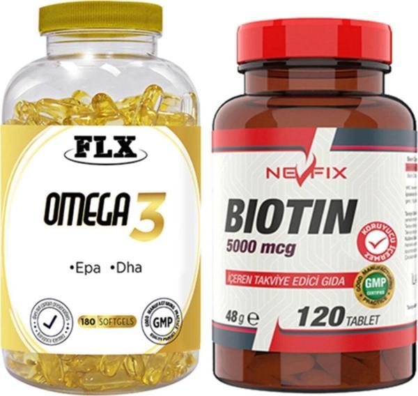 Flx Omega 3 Balık Yağı 180 Softgel & Nevfix Biotin 5000 Mcg 120 Tablet - Image 1