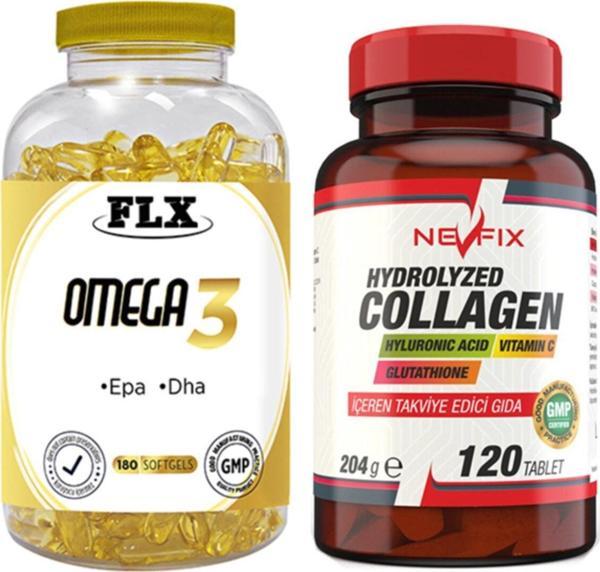 Flx Omega 3 Balık Yağı 180 Softgel & Nevfix Collagen Glutation Hyaluronic Acid Vitamin C 120 Tablet - Image 1
