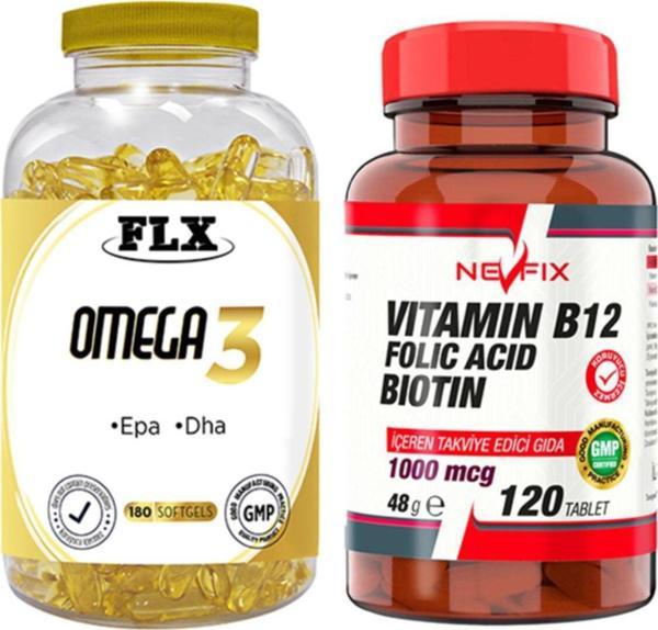 Flx Omega 3 Balık Yağı 180 Softgel & Nevfix Vitamin B12 1000 Mcg 120 Tablet - Image 1