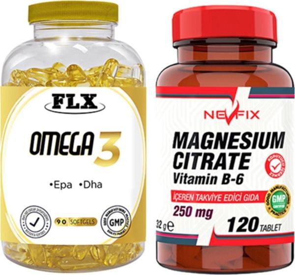 Flx Omega 3 Balık Yağı 90 Softgel & Nevfix Magnesıum Cıtrate Vitamin B-6 120 Tablet - Image 1