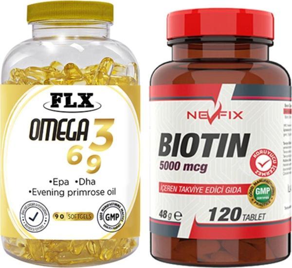 Flx Omega 3-6-9 Balık Yağı 90 Softgel & Nevfix Biotin 5000 Mcg 120 Tablet - Image 1