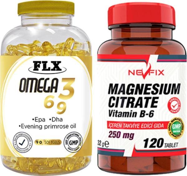 Flx Omega 3-6-9 Balık Yağı 90 Softgel & Nevfix Magnesıum Cıtrate Vitamin B-6 120 Tablet - Image 1