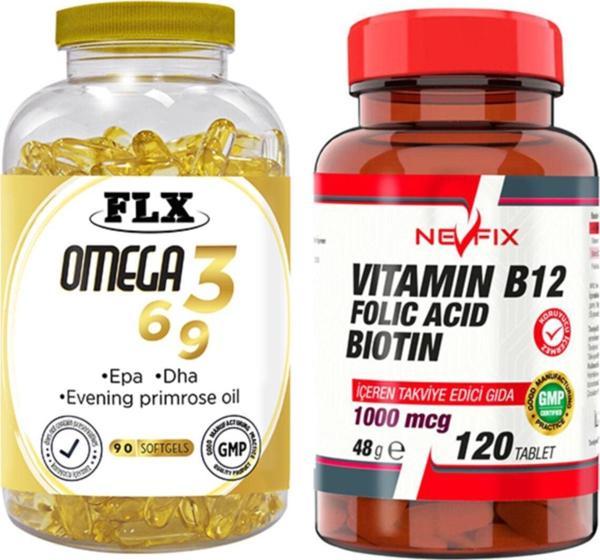 Flx Omega 3-6-9 Balık Yağı 90 Softgel & Nevfix Vitamin B12 1000 Mcg 120 Tablet - Image 1