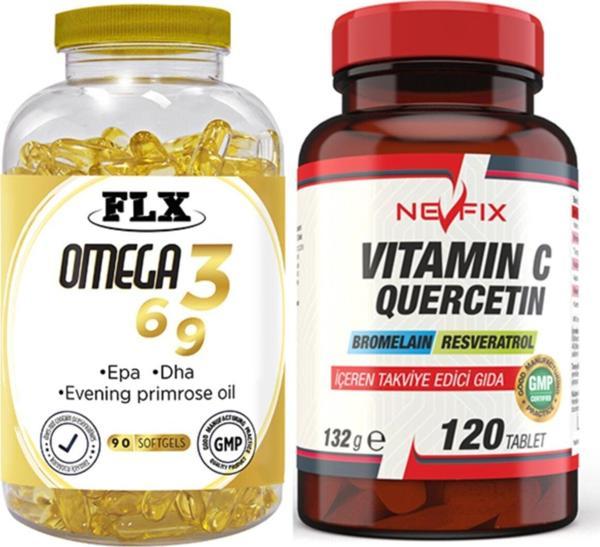 Flx Omega 3-6-9 Balık Yağı 90 Softgel Ve Nevfix Vitamin C Quercetin Bromelain 120 Tablet - Image 1