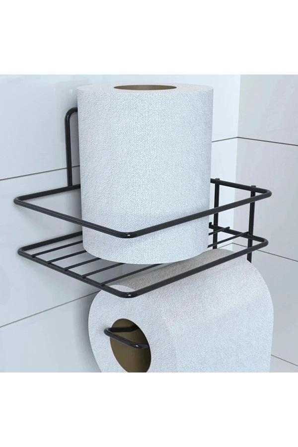 Epilons Kendiliğinden Yapışkanlı Tuvalet Kağıdı Tutacağı Ve Yedek Raf - Siyah Modern Metal Tasarım - Image 1